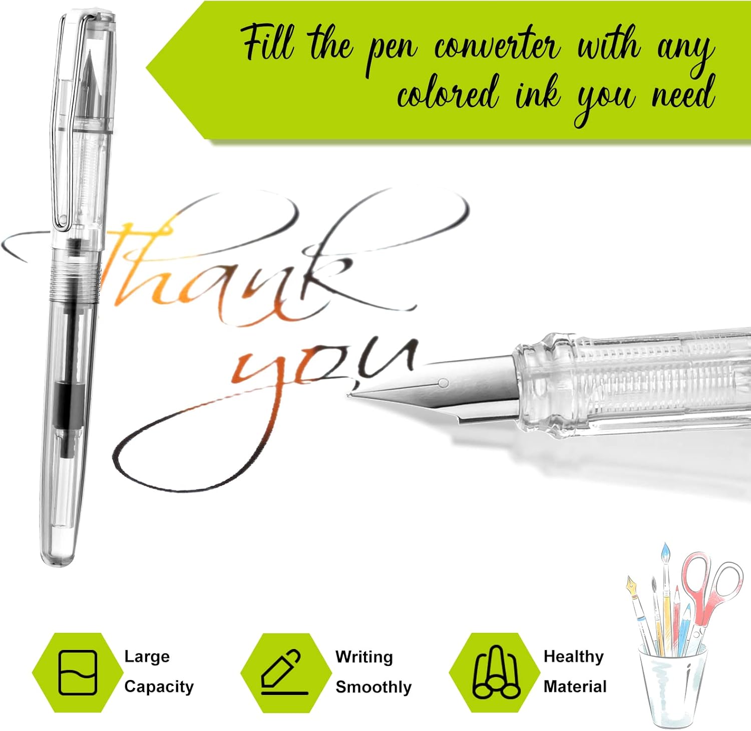 16 Pieces Fountain Pen Refillable Disposable Fountain Pens for Writing Fine Nib Signature Ink Pen Piston Filling Pen for Calligraphy Painting, Drawing, School, Scrapbook and Sketch(Clear Color) - Image 2