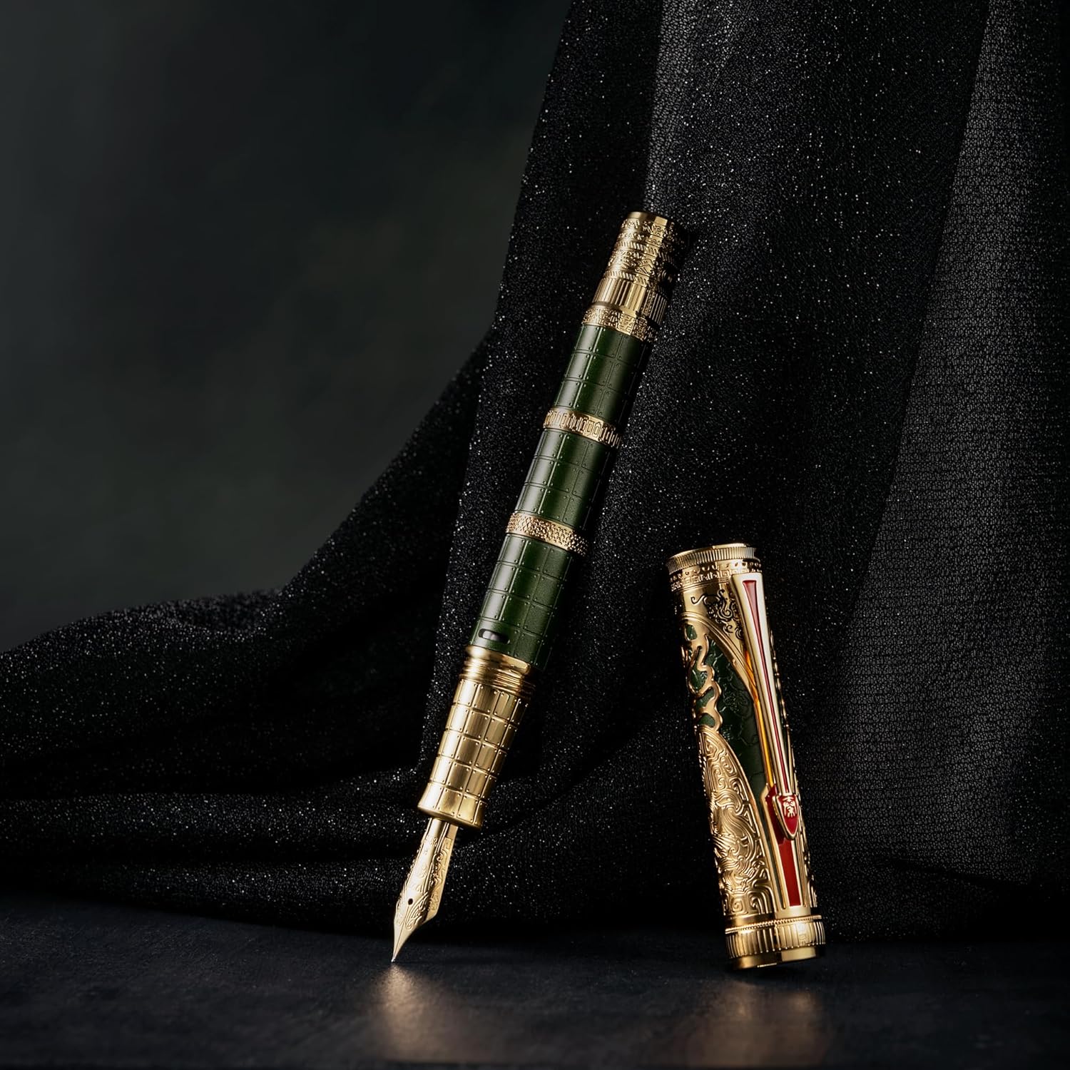 Dynasty Fountain Pen Green Gold, Fine Nib Piston Filling Pen, Retro Chinese Totem Engraving Smooth Writing Pen with Pen Box Set - Image 2